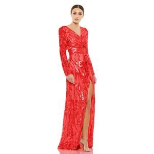 MAC DUGGAL 4635 Embellished Faux Wrap Open Back Gown Red Sequin 14 NEW
